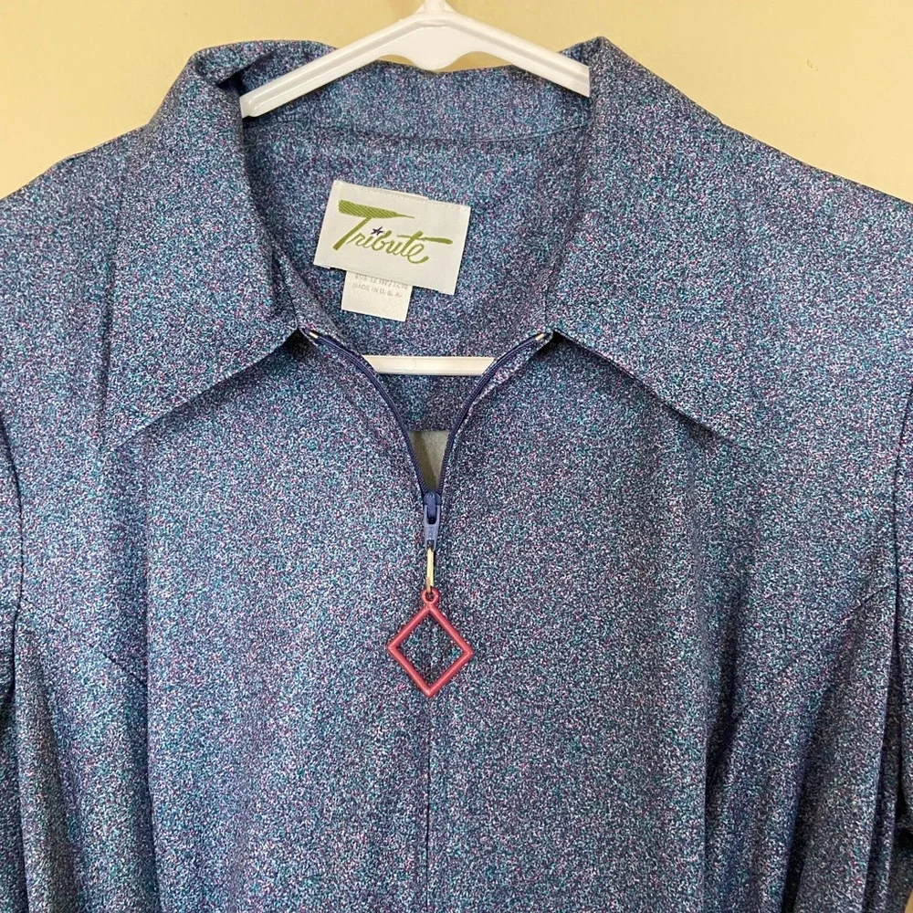 Vintage 70s Retro Blue Dagger Collar Zip Tribute Dress - Picture 6 of 6